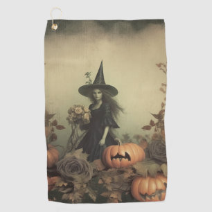 Sepia Gothic Witch with Pumpkins and Autumn Roses Golf Towel