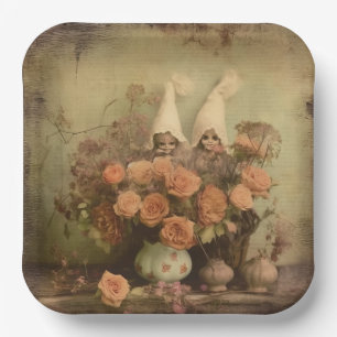 Sepia Gothic Witch with Pumpkins and Autumn Roses Paper Plate