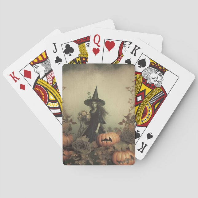 Sepia Gothic Witch with Pumpkins and Autumn Roses Playing Cards (Back)