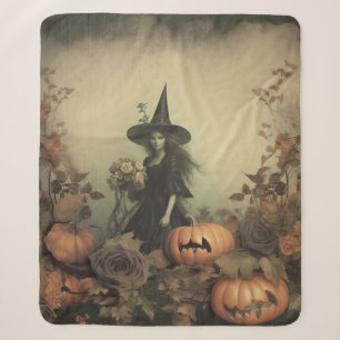 Sepia Gothic Witch with Pumpkins and Autumn Roses Sherpa Blanket