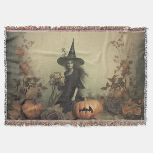 Sepia Gothic Witch with Pumpkins and Autumn Roses Throw Blanket