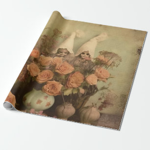 Sepia Gothic Witch with Pumpkins and Autumn Roses Wrapping Paper