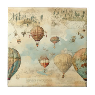 Sepia Hot Air Balloon Antique Map Ceramic Tile