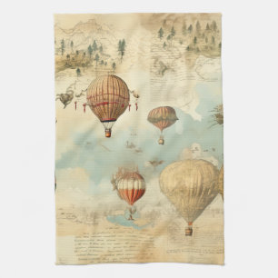 Sepia Hot Air Balloon Antique Map Tea Towel