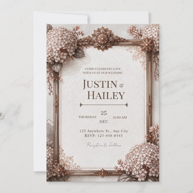 Sepia Hydrangea Bronze Wedding Invitation (Front)