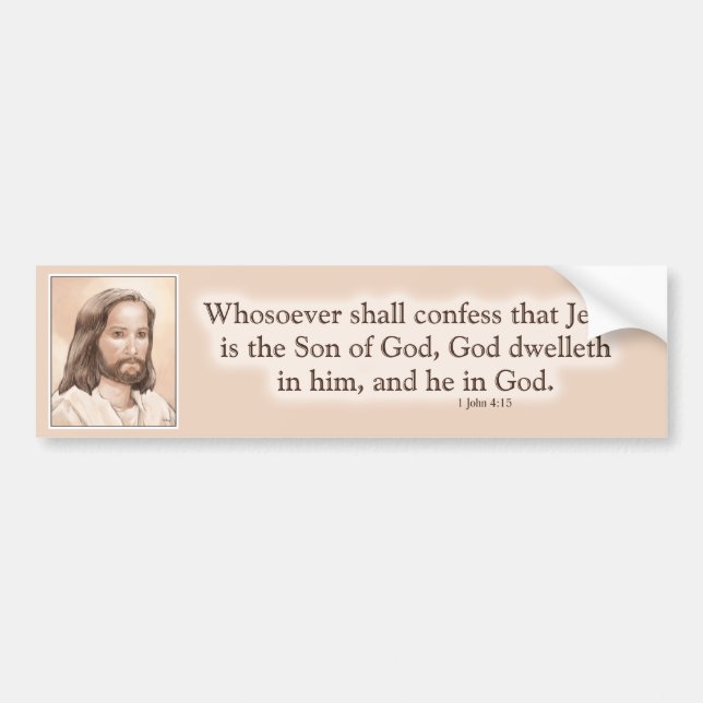 Sepia Jesus Art Bible Quote - 1 John 4:15 Bumper Sticker (Front)