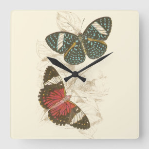 Sepia Leaves with Colourful Butterflies Square Wall Clock