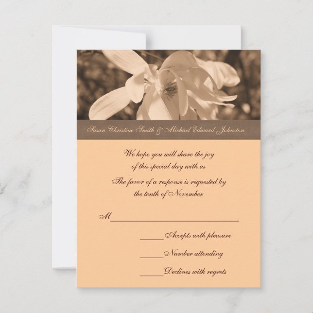Sepia Magnolia Flower Wedding  RSVP Card (Front)