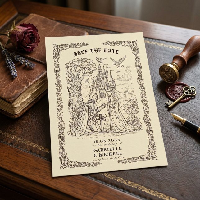 Sepia Mediaeval Illustration Fairytale Wedding  Save The Date (Creator Uploaded)