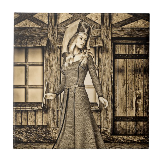 Sepia Mediaeval Princess Renaissance Art Ceramic Tile (Front)