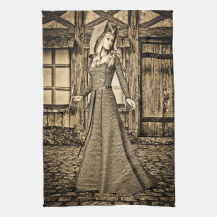 Sepia Mediaeval Princess Renaissance Art Tea Towel