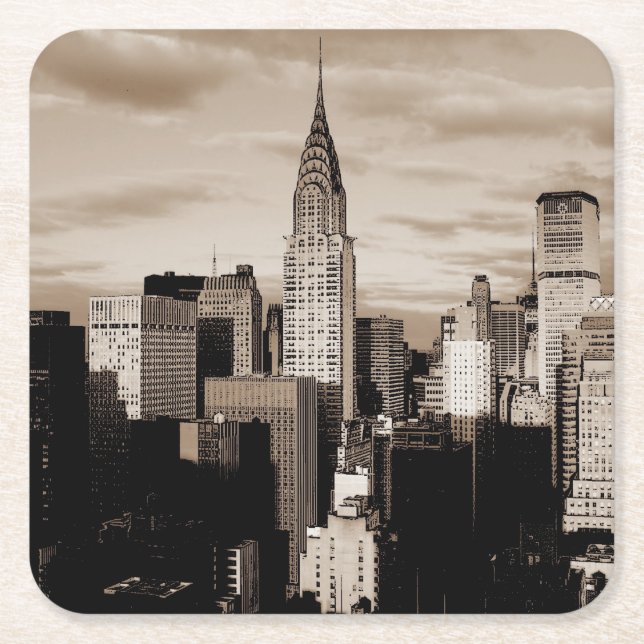 Sepia New York City Ink Sketch Square Paper Coaster (Front)