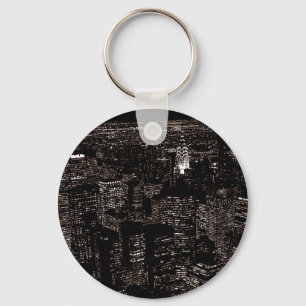 Sepia New York City Night Skyline Key Ring