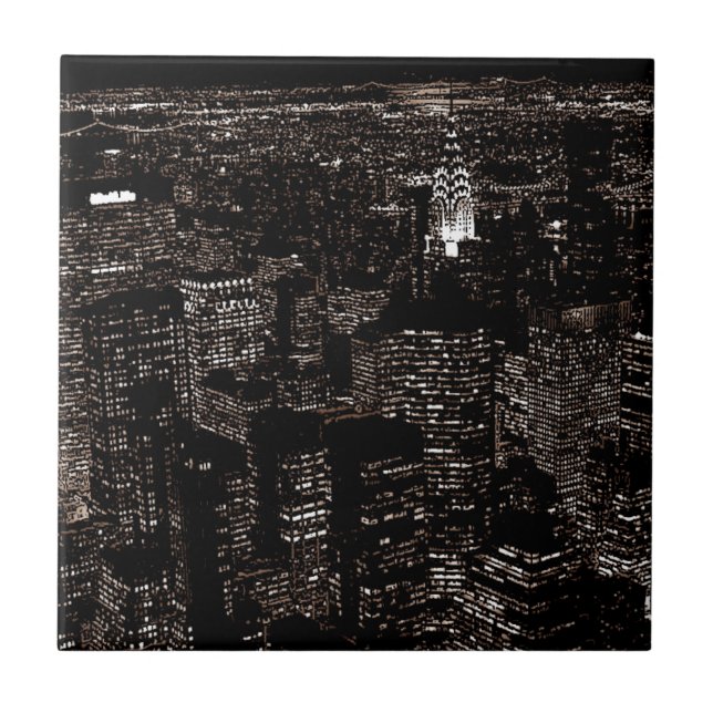Sepia New York City Night Skyline Tile (Front)