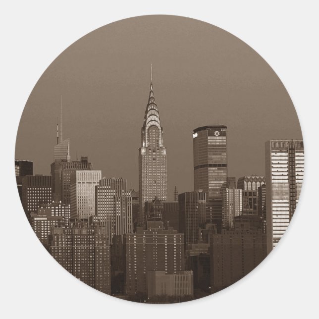 Sepia New York City Skyline Classic Round Sticker (Front)