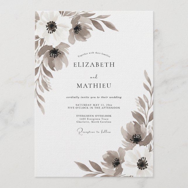 Sepia Painterly Botanical Wedding Invitation (Front)