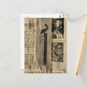 Sepia Pelican mixed media collage Postcard