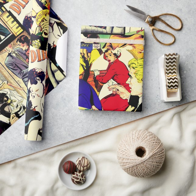Sepia Romance Comic Book Cover Jumble Collage Wrapping Paper (Crafts)