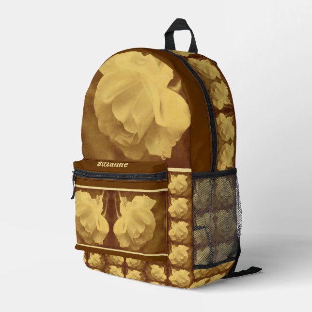 Sepia Rose Raindrops Aged Vintage Personalised Printed Backpack (Back Corner Right)