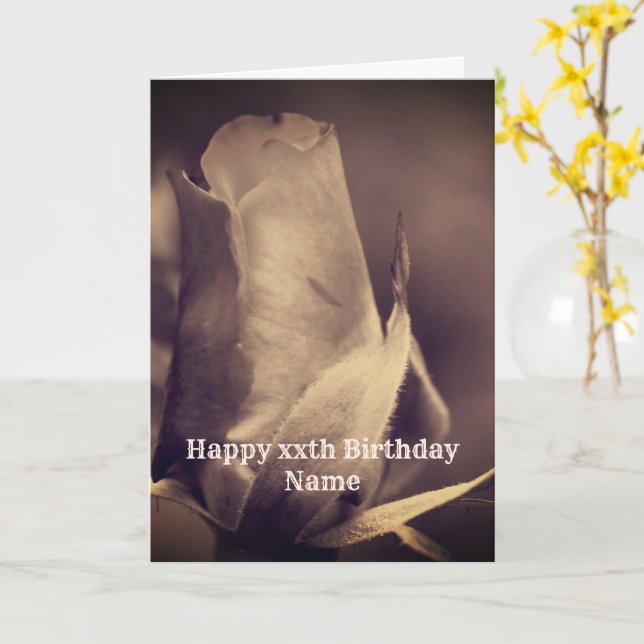 Sepia Rosebud Flower Personalised Birthday Card (Yellow Flower)