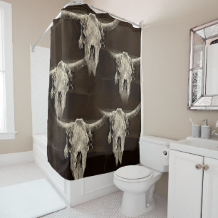 Sepia rustic buffalo skull with horns shower curtain
