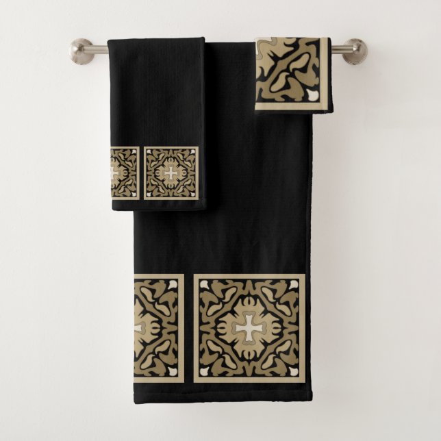 Sepia Spanish Tiles on Black Bath Towel Set (Insitu)