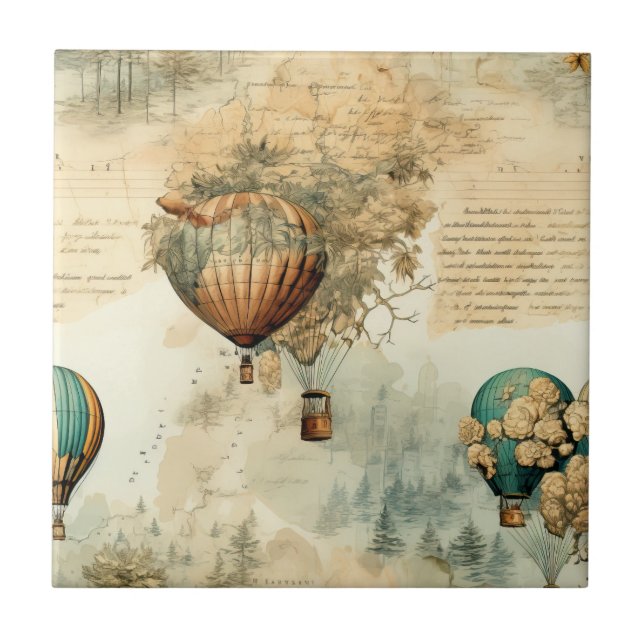 Sepia Steampunk Hot Air Balloon Globe Map Ceramic Tile (Front)