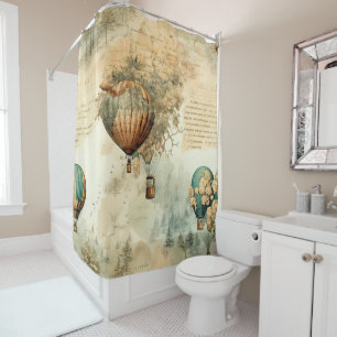 Sepia Steampunk Hot Air Balloon Globe Map Shower Curtain