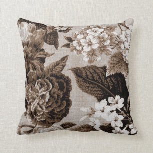 Sepia Tone Brown Botanical Floral Toile No.1 Cushion