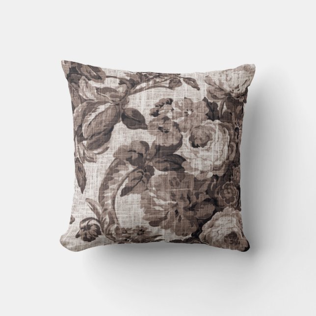 Sepia Tone Brown Botanical Floral Toile No.5 Cushion (Front)