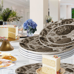 Sepia Tone Brown Floral Toile No.1 Paper Plate