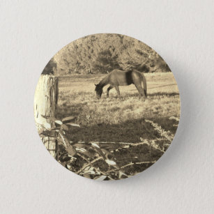 Sepia tone Brown horse and fence 6 Cm Round Badge