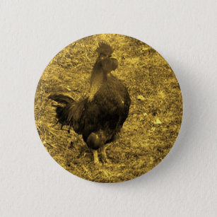 Sepia Tone Crowing Rooster 6 Cm Round Badge