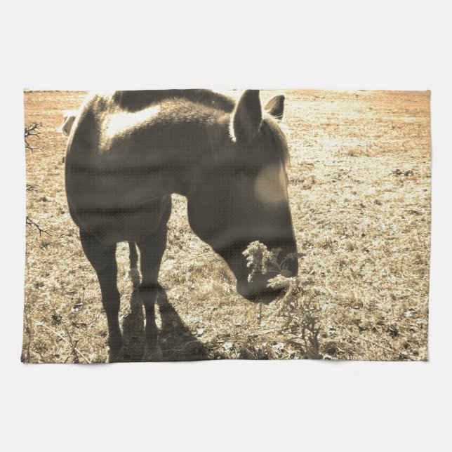 Sepia Tone  Photo of  brown Horse with flowers Tea Towel (Horizontal)