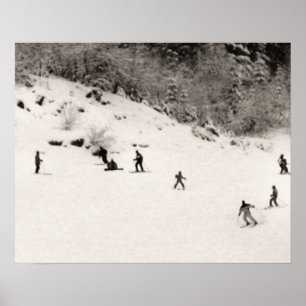Sepia tone ski print, Fun on the piste Poster