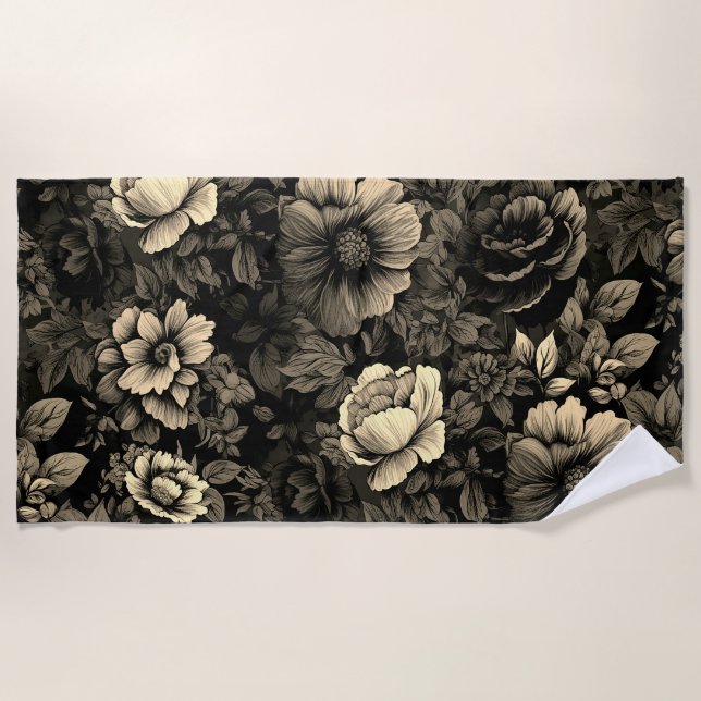 Sepia Tone Vintage Floral Print Beach Towel (Front)