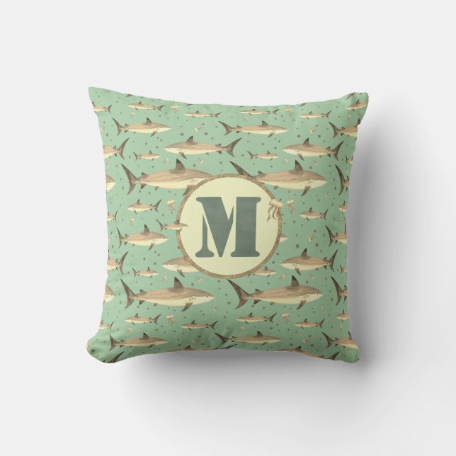 Sepia Tone Watercolor Monogram Sharks Jellyfish Cushion (Front)