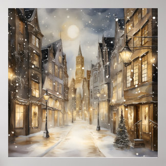 Sepia Toned Snowed In City Street Poster
