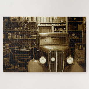 Sepia Vintage Car in the Workshop Jigsaw Puzzle