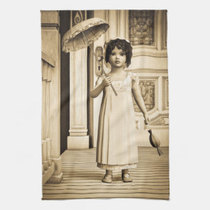 Sepia Vintage Girl Umbrella Art Tea Towel