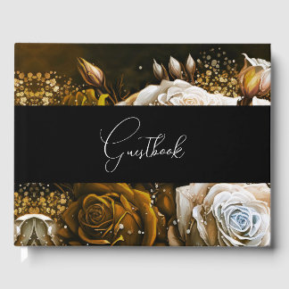 Sepia Vintage Painted Roses Wedding Guest Book