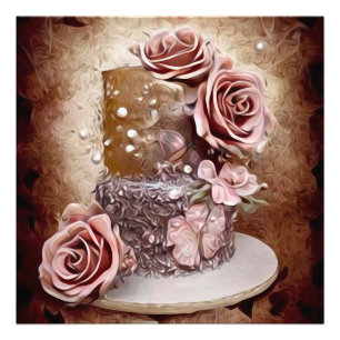 Sepia & Vintage Pink Rose Wedding Cake Photo Print