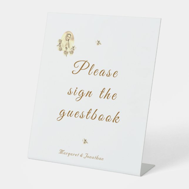 Sepia Virgin Mary Wedding Reception Pedestal Sign (Front)