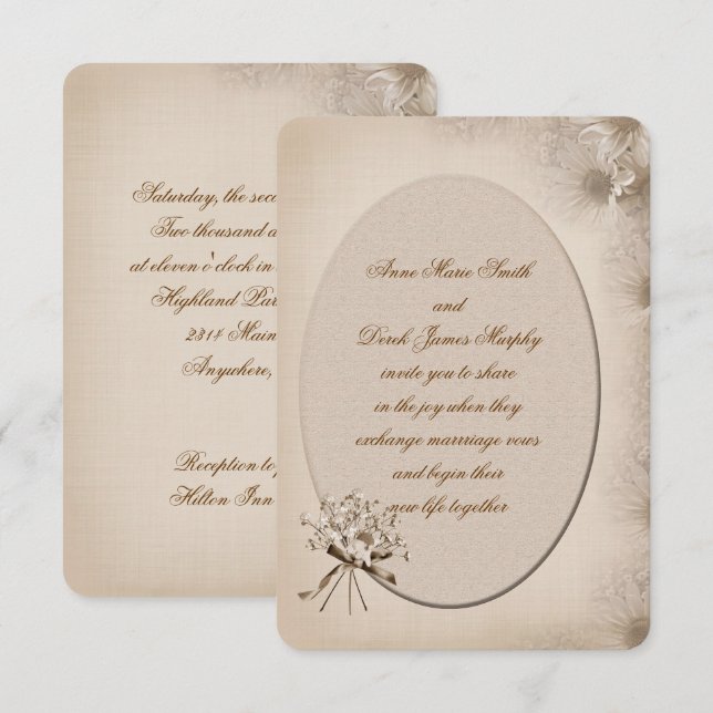 Sepia Wedding Daisy Border Invite (Front/Back)