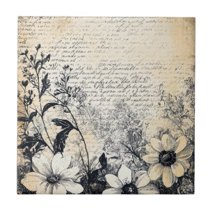 Sepia Wildflower Manuscript Botanical Art Ceramic Tile