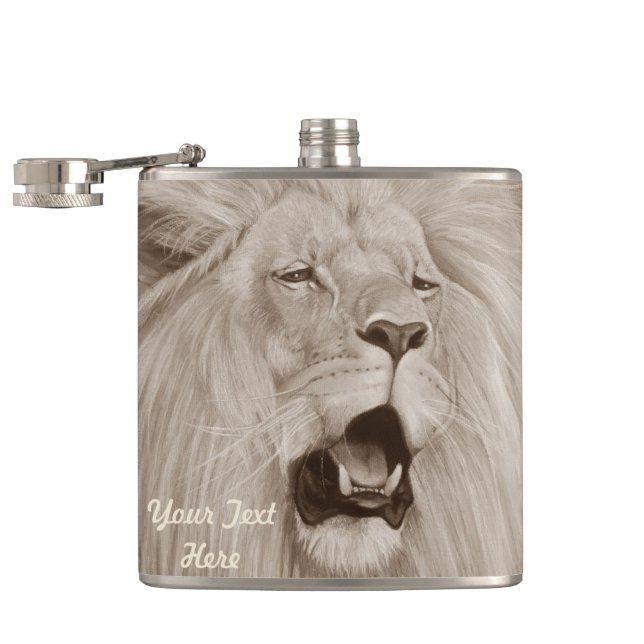sepia wildlife painting of big cat roaring lion hip flask (Opened)