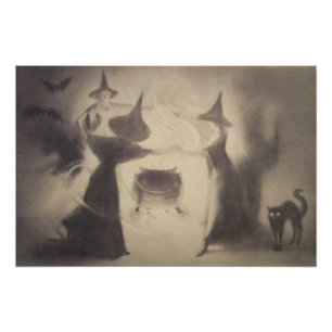 Sepia Witch Bat Night Cauldron Black Cat Photo Print