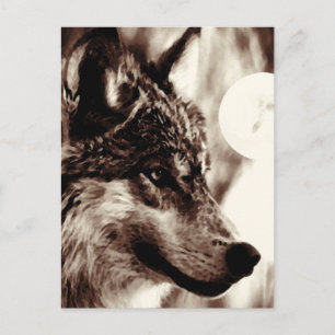 Sepia Wolf Face & Moon Postcard