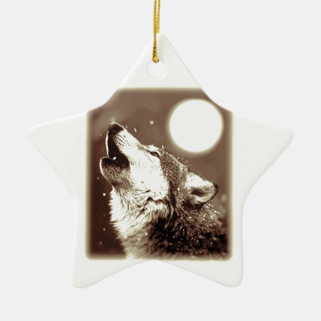 Sepia Wolf & Moon Ceramic Ornament (Front)