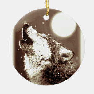 Sepia Wolf & Moon Ceramic Ornament
